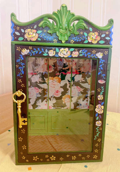 Casa de muñecas en miniatura estilo pintura al óleo vintage pintada a mano a escala 1:12, vitrina de jardín secreto