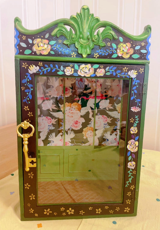 Casa de muñecas en miniatura estilo pintura al óleo vintage pintada a mano a escala 1:12, vitrina de jardín secreto
