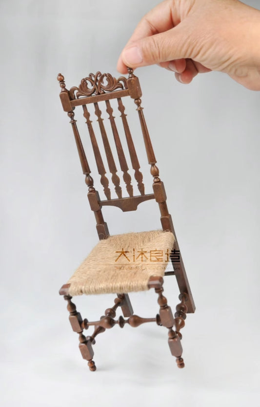 Silla tejida Windsor con respaldo alto a escala 1:6, muebles para casa de muñecas en miniatura