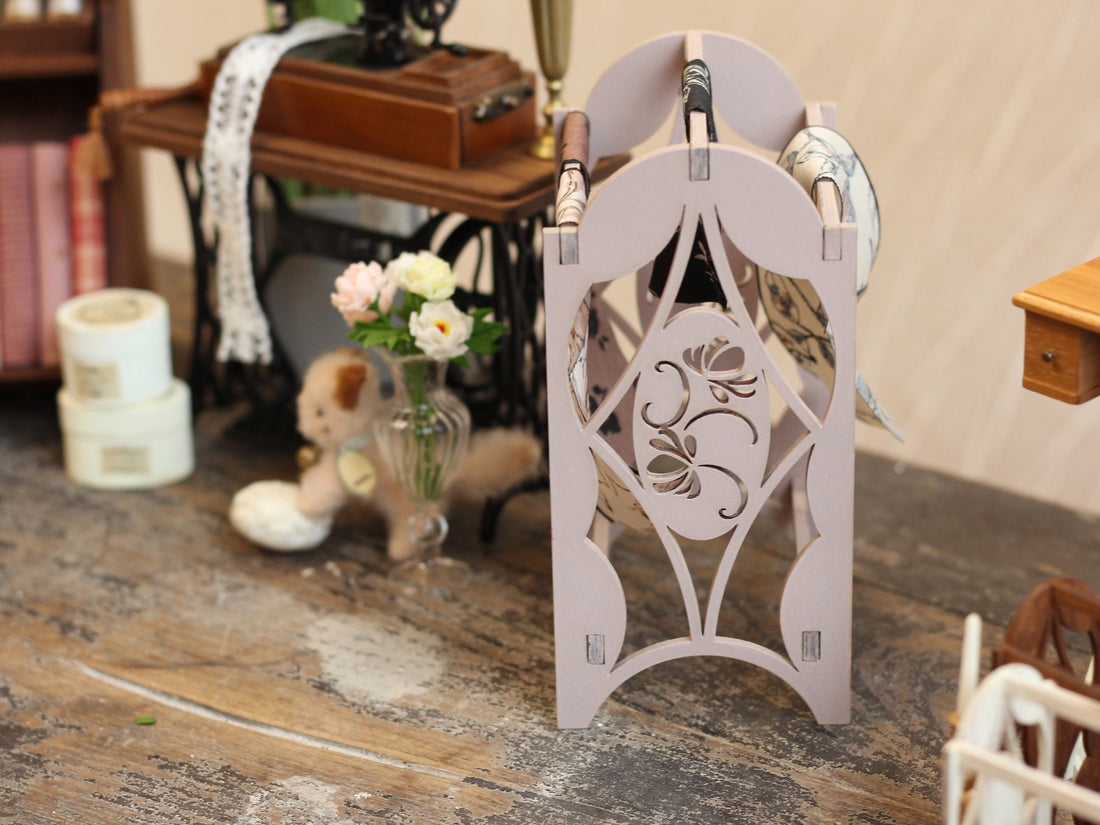 Sewing-themed Carved Fabric Rack Miniature Material Kit (1:6 or 1:12 Scale) for Dollhouse