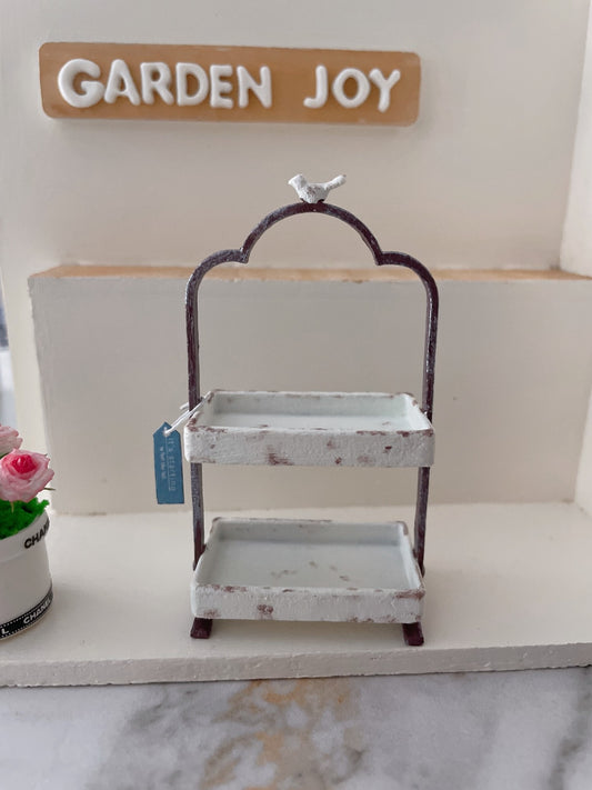 Soporte de postre de metal de doble capa con pájaro en miniatura a escala 1:12, modelo blanco, muebles para casa de muñecas en miniatura