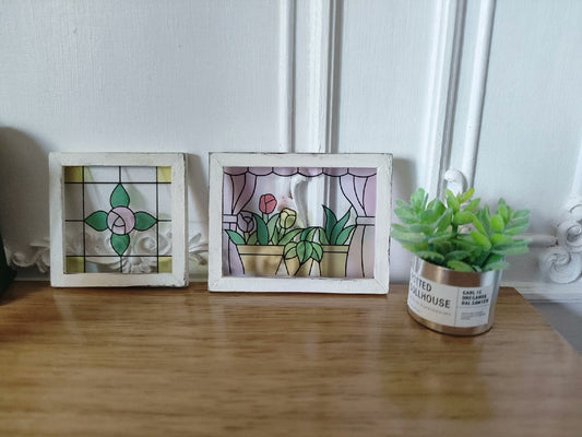 Juego de 2 mini ventanas con flores, decoración hecha a mano, escala 1:12, para casa de muñecas