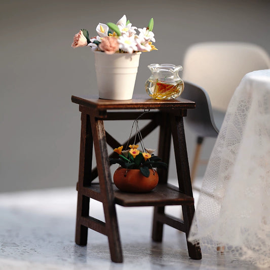 1:12 Scale Miniature Wooden Flower Stand With Potted Plants For Dollhouse Garden Scene BJD Furniture