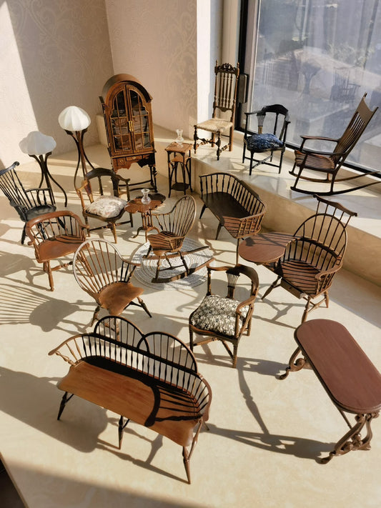 Silla Windsor a escala 1:12, muebles para casa de muñecas en miniatura, sala de estar