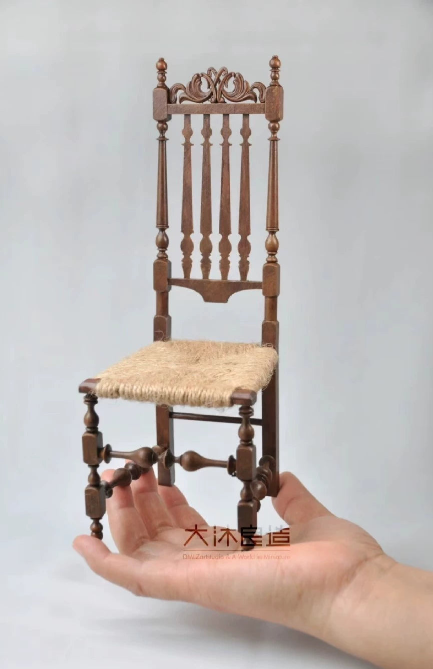 Silla tejida Windsor con respaldo alto a escala 1:6, muebles para casa de muñecas en miniatura