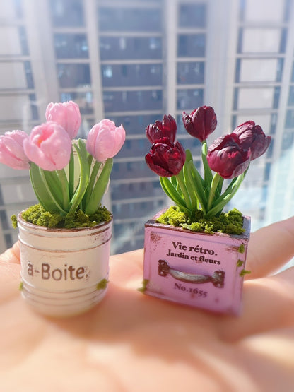 Decoración de casa de muñecas con flores de arcilla en miniatura a escala 1:12, muebles en miniatura de tulipán