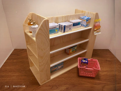 1:12 Scale Custom Wooden Supermarket Shelf Miniature Dollhouse Furniture Display Cabinet Pine Wood Effect