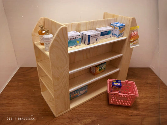 1:12 Scale Custom Wooden Supermarket Shelf Miniature Dollhouse Furniture Display Cabinet Pine Wood Effect