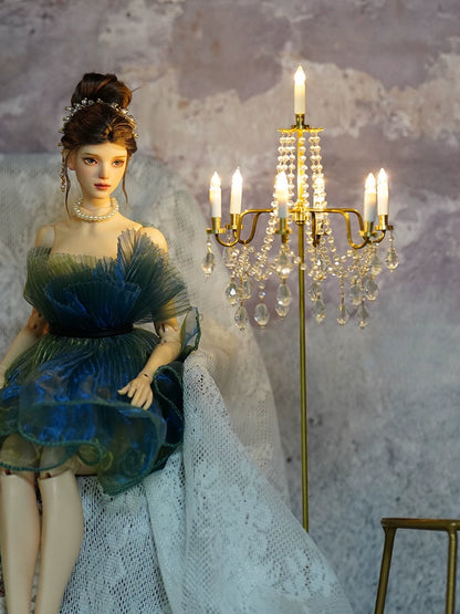 Lampe de sol miniature BJD en laiton et cristal, échelle 1:6, avec télécommande rechargeable, pour maison de poupée