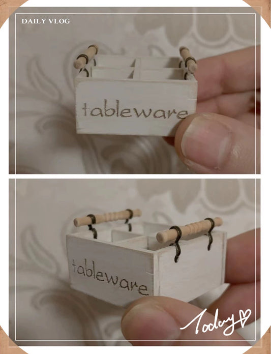 1:12 Scale Miniature Wooden Cutlery Box With Retro Utensils For Dollhouse Kitchen Accessories