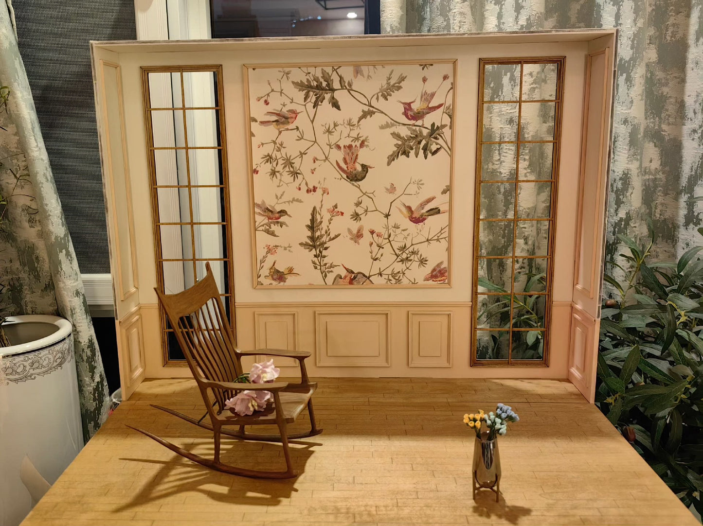 Silla mecedora Maloof Windsor a escala 1:6, muebles para casa de muñecas en miniatura
