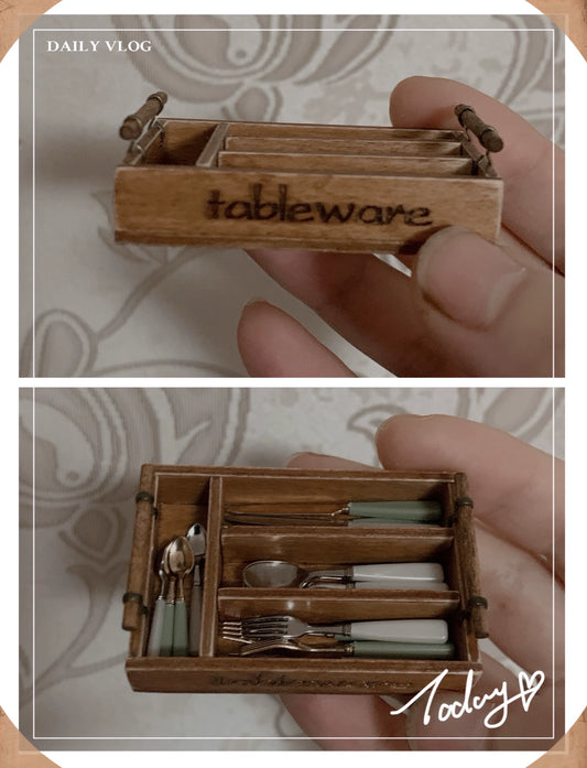 1:12 Scale Miniature Wooden Cutlery Box With Vintage Miniature Dollhouse Kitchen Accessories