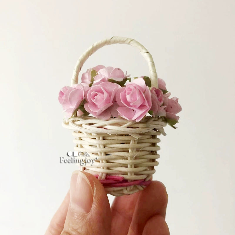 Accessoires pour poupée BJD à l'échelle 1:6, meubles miniatures pour maison de poupée à l'échelle 1:12, panier de fleurs roses