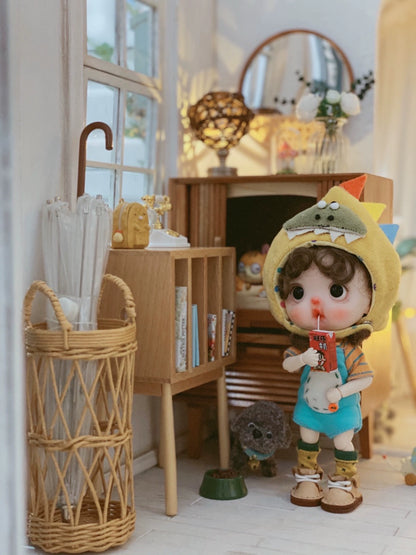 Lámpara de mesa de ratán LED inalámbrica para casa de muñecas en miniatura BJD a escala 1:6 y 1:12.