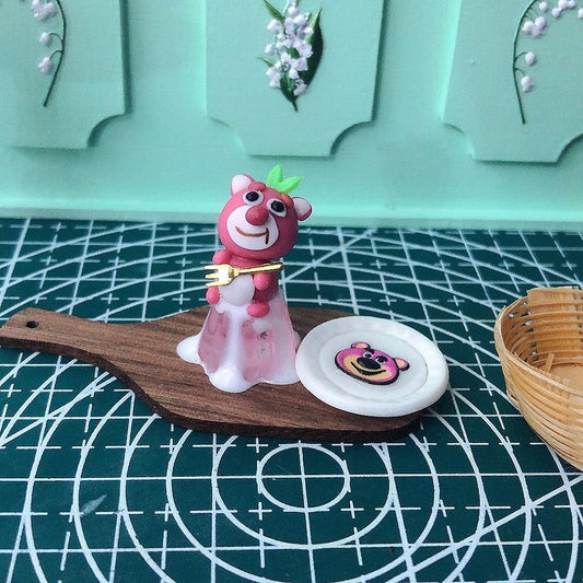 Décoration miniature en argile pour maison de poupée, pudding aux fraises et ours, échelle 1:12