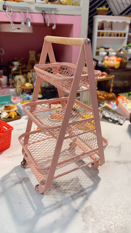 1:6 Scale Miniature Bread Rack And Bread Cart Pink Dollhouse Kitchen Accessory With Black Net