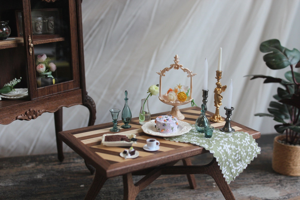 1:6 Scale Miniature Solid Wood Parquetry Dining Table for Dollhouse