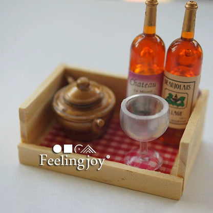 Meubles miniatures pour maison de poupée, accessoires, caisse à vin avec tasses et pichet, style campagnard, échelle 1:6/1:12