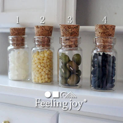 Muebles en miniatura para casa de muñecas a escala 1:12, accesorios, botellas de especias de vidrio transparente, comestibles frescos