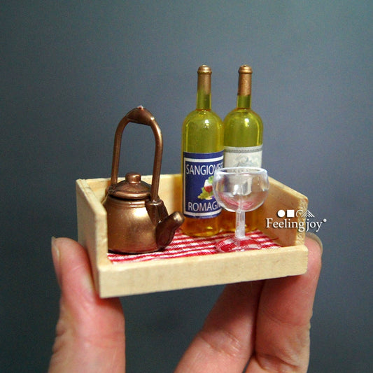 Meubles miniatures pour maison de poupée, accessoires, caisse à vin avec tasses et pichet, style campagnard, échelle 1:6/1:12