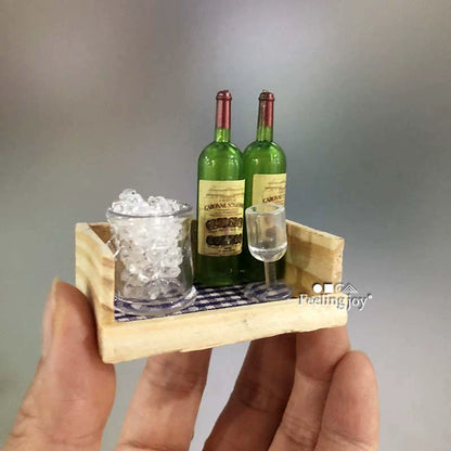 Meubles miniatures pour maison de poupée, accessoires, caisse à vin avec tasses et pichet, style campagnard, échelle 1:6/1:12