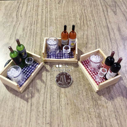 Meubles miniatures pour maison de poupée, accessoires, caisse à vin avec tasses et pichet, style campagnard, échelle 1:6/1:12