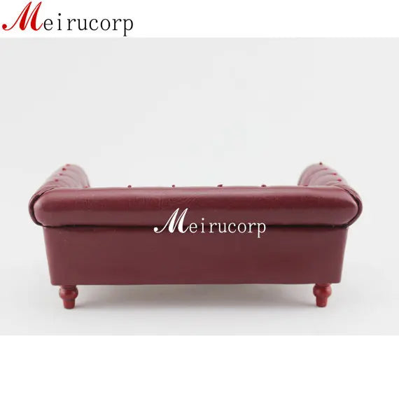 Sofá de cuero en miniatura a escala 1:12, hecho a mano, mueble vintage para casa de muñecas, sala de estar