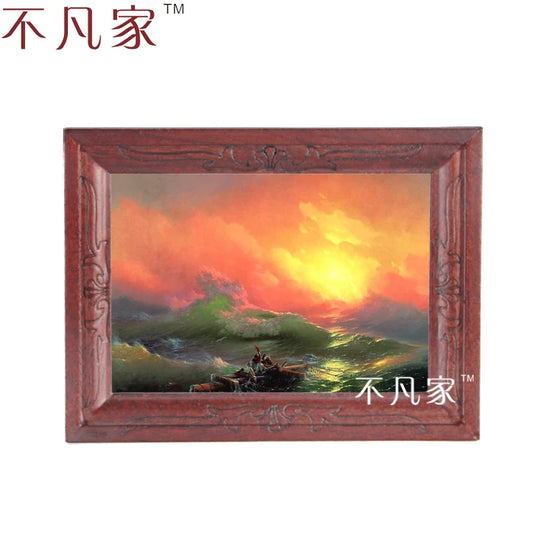 Pintura al óleo en miniatura de un atardecer a escala 1:12 en marco de madera para decorar casas de muñecas.