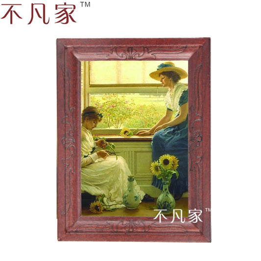 Marco de pintura al óleo vintage en miniatura a escala 1:12 con dos mujeres para decoración de casa de muñecas