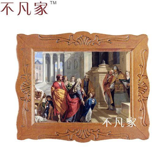 Pintura al óleo religiosa en miniatura a escala 1:12 con marco ornamentado para casa de muñecas y decoración del hogar.