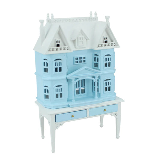 Casa de muñecas azul a escala 1:144 con mesa y muebles en miniatura a escala 1:12