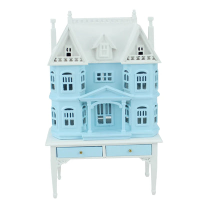 Casa de muñecas azul a escala 1:144 con mesa y muebles en miniatura a escala 1:12