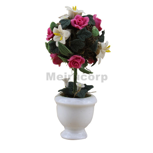 1:12 Scale Miniature Dollhouse Outdoor Garden Flower Bed With Pink Rose Tree Decoration