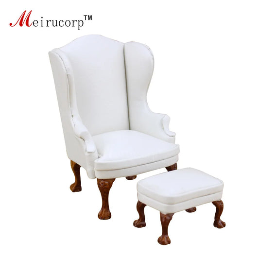 Conjunto de sillón orejero y otomana en miniatura blanca a escala 1:12 para casa de muñecas - Accesorios de alta calidad