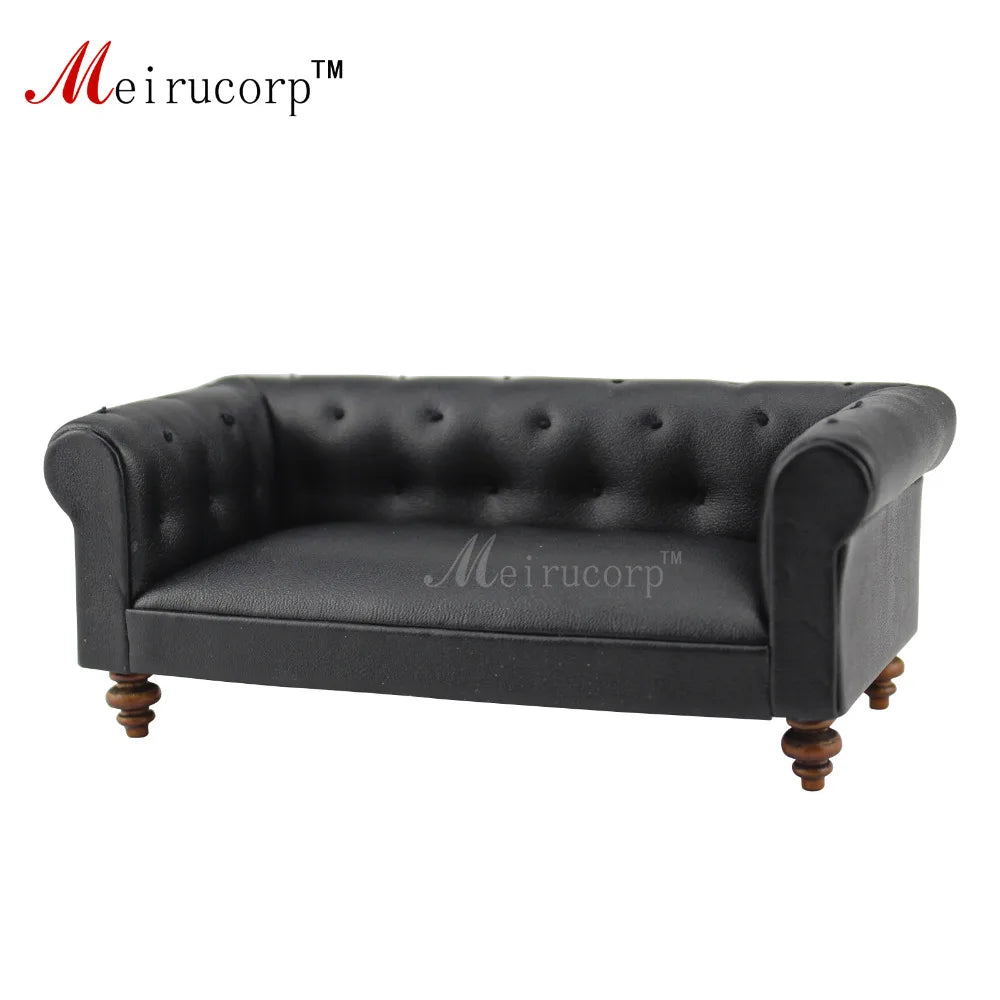 Muebles de casa de muñecas en miniatura a escala 1:12: sofá de cuero negro hecho a mano