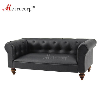 Muebles de casa de muñecas en miniatura a escala 1:12: sofá de cuero negro hecho a mano