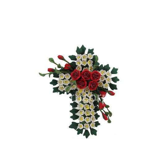 Couronne de fleurs en argile faite à la main à l'échelle 1:6, décoration miniature pour maison de poupée, arrangement floral en forme de croix