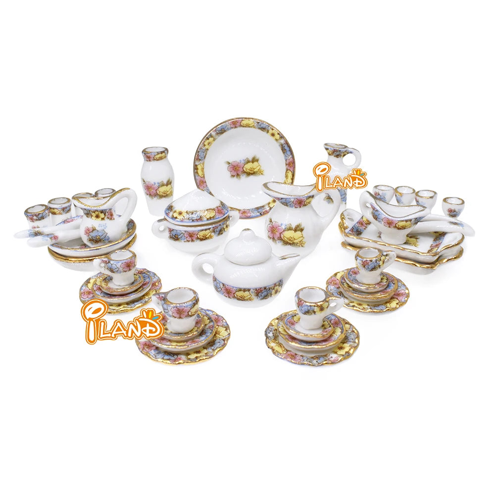 1:12 Scale Miniature Tea Set Porcelain Cups Plates For Dollhouse Kitchen Dining Room Accessories 40pcs