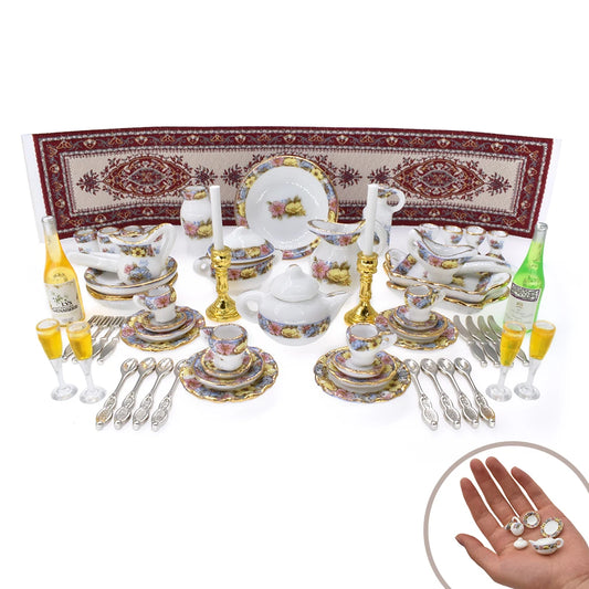 1:12 Scale Miniature Dollhouse Dining Room Set With Dinnerware Tableware Table Runner And Wine Goblets