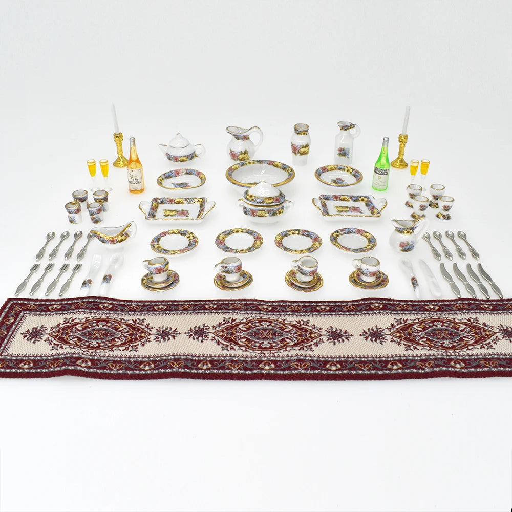 1:12 Scale Miniature Dollhouse Dining Room Set With Dinnerware Tableware Table Runner And Wine Goblets