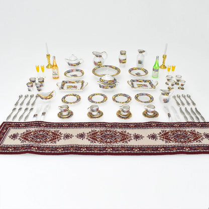 1:12 Scale Miniature Dollhouse Dining Room Set With Dinnerware Tableware Table Runner And Wine Goblets
