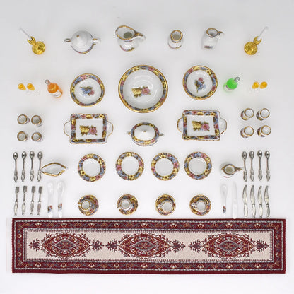 1:12 Scale Miniature Dollhouse Dining Room Set With Dinnerware Tableware Table Runner And Wine Goblets