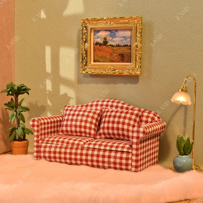 1:12 Scale Wooden Cabinet Dollhouse Living Room Miniature Furniture Set With Sofa Pillow End Table And Rug
