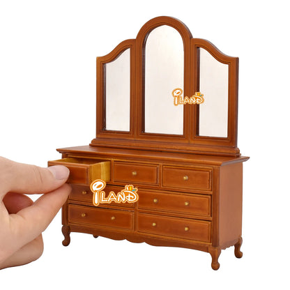 1:12 Scale Wooden Dollhouse Furniture Vintage Bedroom Set With Bed Bedside Table Dressing Table Upholstered Bench Miniature Dollhouse Accessories