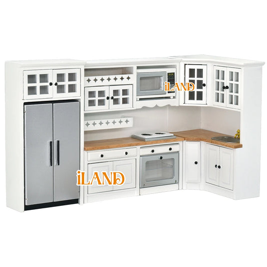 1:12 Scale Wooden Kitchen Cabinet Miniature Dollhouse Furniture Set With Fridge Oven Microwave For Modern Dollhouse