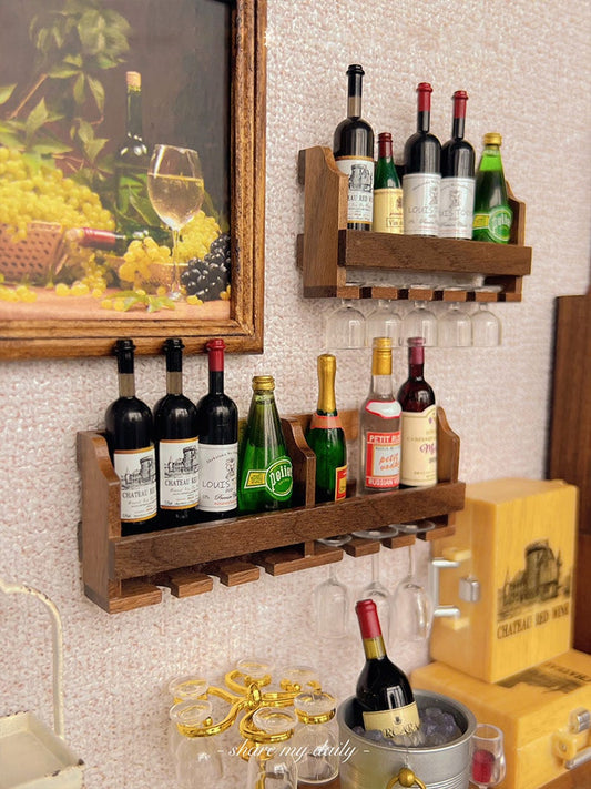 1:12 Scale Miniature Wine Rack Set With Wine Cup Decorative Painting And Wine Cooler For Dollhouse Miniature Furniture Accessories