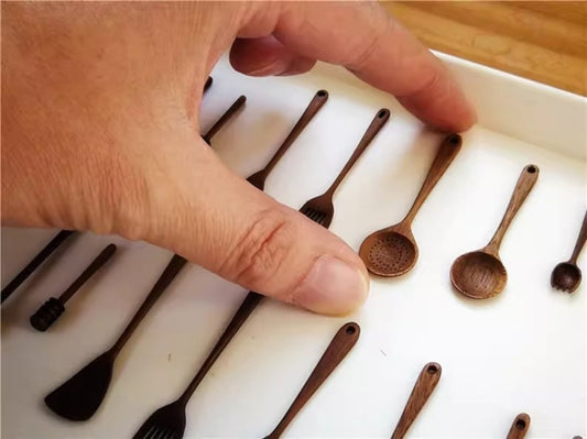 Juego de utensilios de cocina en miniatura a escala 1:6, tenedor, cuchara, cuchillo, modelo BJD, casa de muñecas Blythe, muebles, accesorios, juguetes de madera