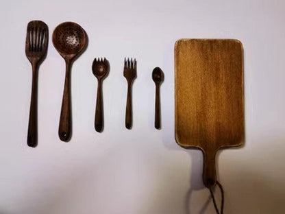Juego de utensilios de cocina de madera en miniatura a escala 1:6 con tenedor, cuchillo, cuchara y cuchillo para mantequilla para accesorios de casa de muñecas BJD Blythe