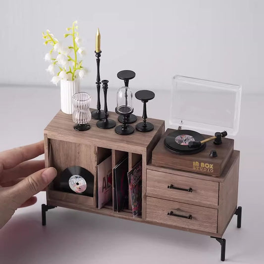 Ensemble de tourne-disque vinyle miniature et chandelier en métal à l'échelle 1:6, accessoires pour maison de poupée BJD Blythe