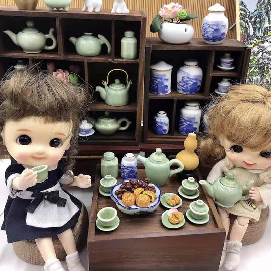 Juego de té chino en miniatura a escala 1:12 con tetera, lata de té, estante de exhibición, accesorios de cocina BJD, Blythe, GSC, muebles para casa de muñecas